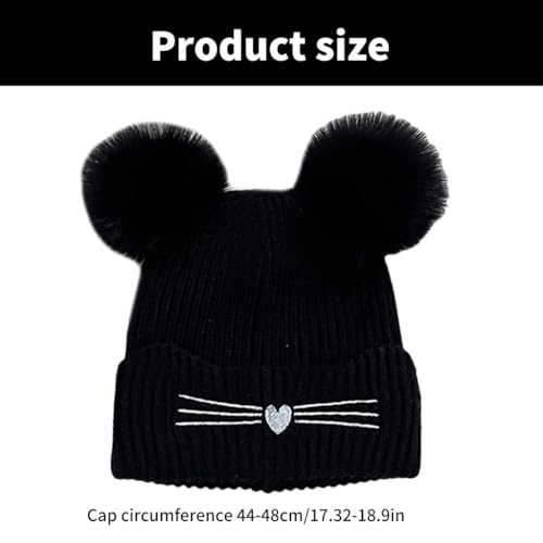 Kids Cats Ear Bonnet Hat with Double Pompoms Knit Warm Winter Caps Comfortable Winter Headwear for Boy & Girls Aged 3-10 Pink3