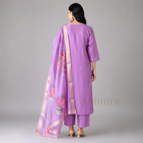 Image of Kaththai Women Embroidered Kurta and Pant Set with Dupatta | Ethnic Suit Set for Women | Floral Printed Organza Dupatta | Festive, & Traditional Kurta Set