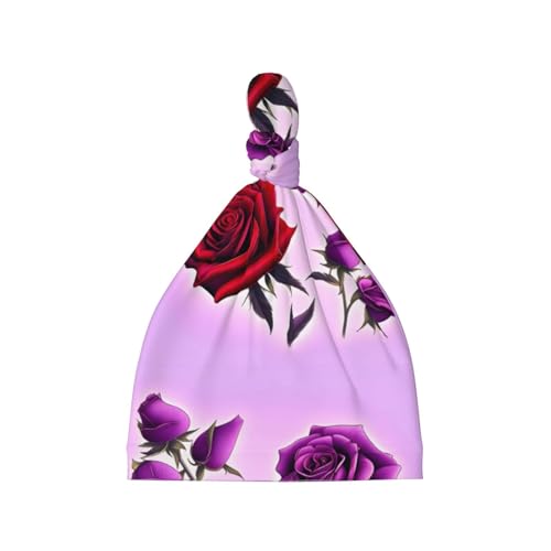 Baby Beanie Red and Purple Roses Knotted Hat - Soft, Warm, Comfortable, Headwear for Newborns, 0-6 Months