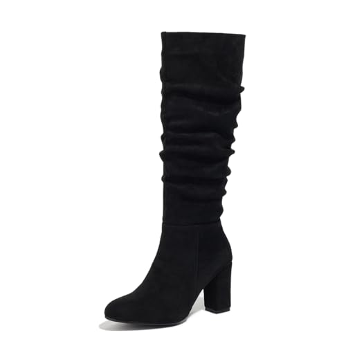 Womens Knee High Boots Chunky High Heel Round Toe Side Zipper Wide Calf Boot for Fall Winter Outfits