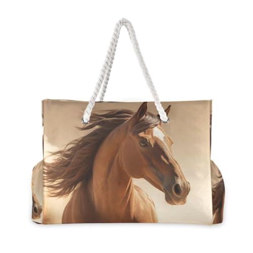 Dust Horse Race Beach Bag for Women Large Beach Tote Bag with Zipper for Travel Vacation