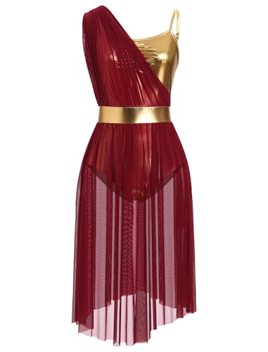 AFAVOM Women's Lyrical Dance Costume Sleeveless V-Neck Shiny Metallic Lyrical Dance Dress Asymmetric High Low Flowy Mesh Tulle Skirt Contemporary Dance Costumes Ballet Leotard Dancewear Wine Red S