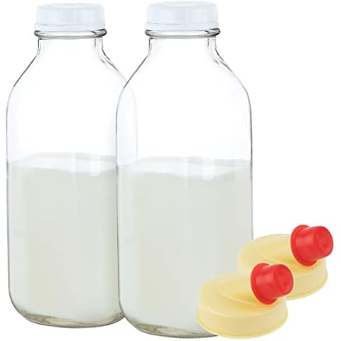 Kitchentoolz 32 Oz Square Glass Milk Bottles with Lids, Perfect Glass Milk Container for Refrigerator - 1 Liter Glass Milk Jugs with Tamper Proof Lid and Pour Spout - Pack of 2 Cover