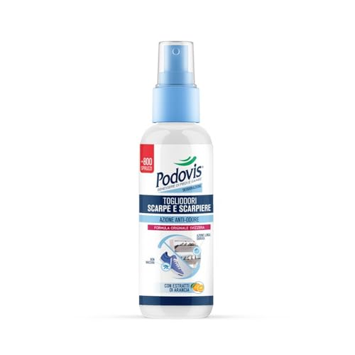 Podovis, Spray eliminador de olores para zapatos y zapateros – Desodorante en spray para zapatos, fórmula con efecto reserva, elimina y previene los malos olores, no mancha los tejidos, 100 ml, 3