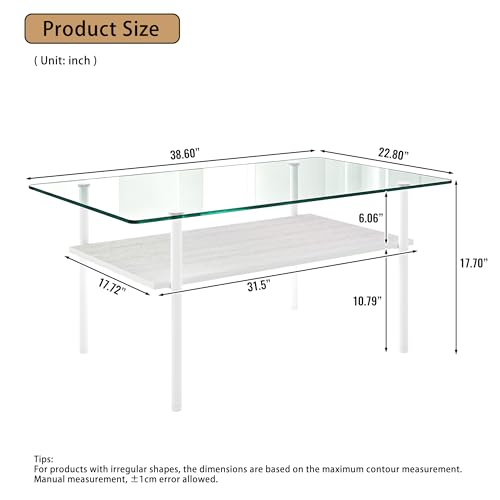 Image of 38.6 inch Glass Coffee Table for Living Room, 2-Tier Modern White Center Table with Tempered Glass Top, Wood Shelf & Metal Legs, Accent Tea Table for Small Space, Apartment,Easy to Assemble