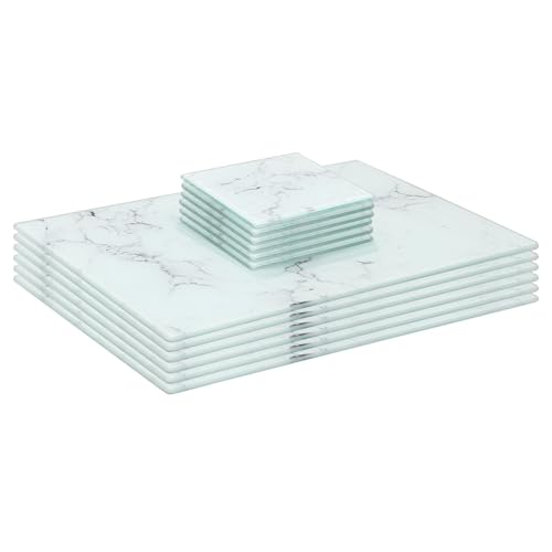 Harbour Housewares Rectangle Glass Placemats & Square Coasters Set - 30cm x 20cm - Marble - 12pc Heat-Resistant Non-Slip Rectangle Home Kitchen Dining Table Dinner Plate Place Mat Mats Set