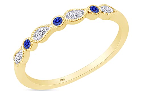 AFFY Round Cut White Natural Diamond & Simulated Blue Sapphire Stackable Leaf Wedding Band Ring In 14K Gold Over Sterling Silver For Women (Clarity : I2-I3, Color : I-J, 0.12 Cttw)2