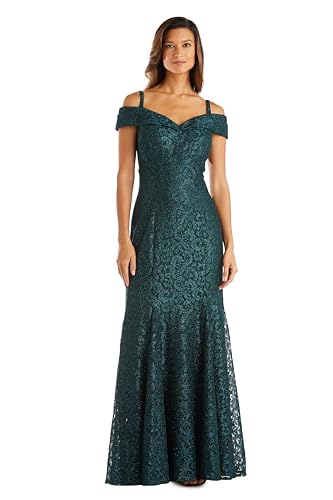 Image of R&M Richards Women's Off The Shoulder Formal Gown - Glitter Lace Mermaid Evening Dress for Wedding Guest & Cocktail Attire