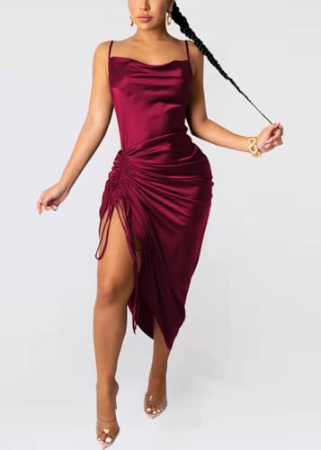 Image of Club Dress Sexy Dress for Women Wedding Party Birthday Cocktail Spaghetti Strap Satin Side Ruched Midi Mini Dress