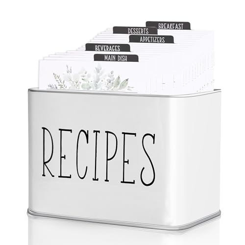 GENMOUS & CO. Recipe Cards and Box Set, Farmhouse Recipe Holder, Tin Recipe Box with 25 4x6 Recipe Cards & 7 Recipe Card Dividers