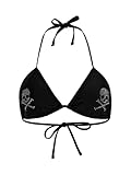WDIRARA Women's Goth Skull Triangle Halter Bikini Top Rhinestone Tie Back Swimsuit Tops Swimwear Black Small