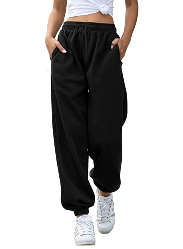 Oyamiki Ladies Tapered Leg Joggers Loose Fit Black Trousers Elasticated Waist Tracksuit Bottoms Cosy Warm Soft Sweatpants XL