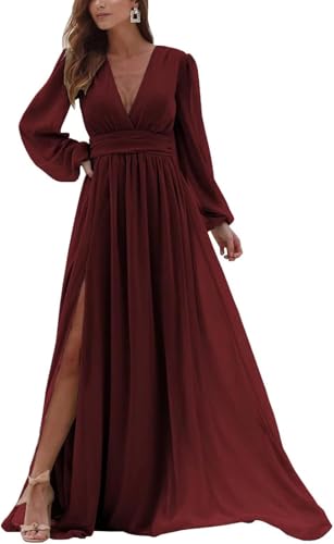 Women's Long Sleeves Bridesmaid Dress Chiffon V Neck Prom Dress Pleated A Line Long Formal Evening Dress with Slit