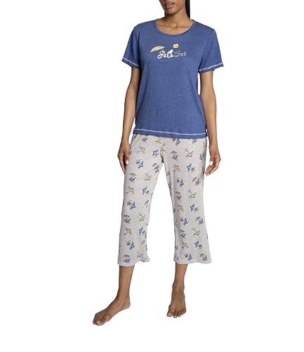 Peanuts Womens 2 Piece Snoopy Pajama Set Short Sleeve Top and Elastic Waistband Capri Pj Pants Matching Sets Sodalite Blue L