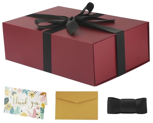 YINUOYOUJIA Grande boîte cadeau de 35,6 x 22,9 x 11,2 cm, bordeaux avec couvercle à fermeture magnétique, ruban et carte, boîte cadeau pour naissance, Saint-Valentin, fête des mères, anniversaire de