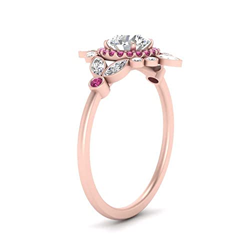 Image of 55Carat Choose Your Gemstone Round Halo Floral Engagement Ring Rose Gold Plated Round Shape Vintage Engagement Rings Everyday Jewelry Wedding Jewelry Handmade Gifts for Wife US Size 4 to 12