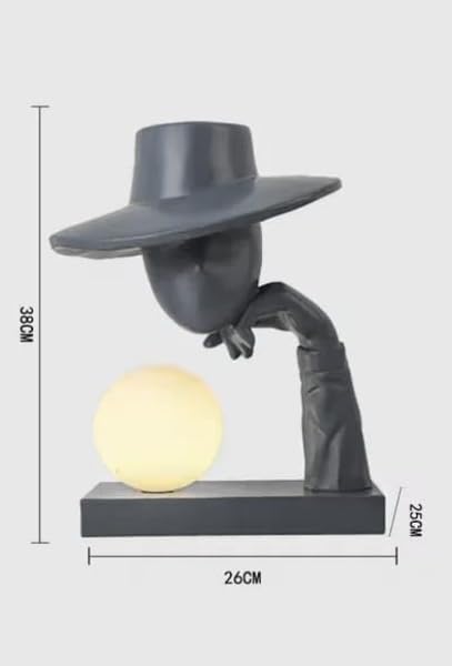 Image of Abstract Black Resin Sculpture Table Lamp Hat-Wearing Human Face Figure (Bulb Included)