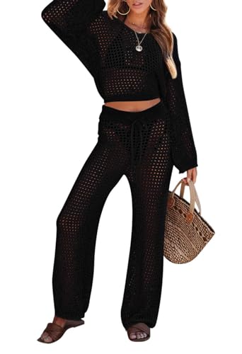 Pink Queen Women's Swimsuit Cover Up Set 2 Piece Crochet Long Sleeve Crop Top Wide Leg Pants Beach Coverups Outfits