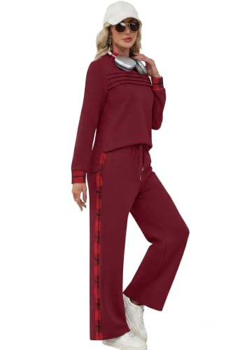 Image of WIHOLL Two Piece Sets for Women Fall Travel Vacation Outfits 2026 Long Sleeve Lounge Sets Side Slit Wide Leg Pants XS-3XL