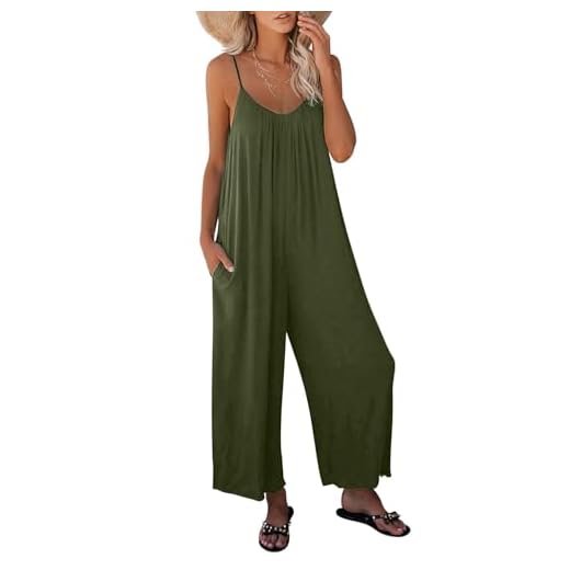 Dokotoo Women's Loose Jumpsuits for Women Adjustable Spaghetti Strap Stretchy Wide Leg Solid One Piece Sleeveless Long Pant Romper Jumpsuit with Pockets Green Small