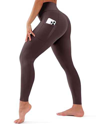 Leggings for Women - High Waisted Full Length Buttery Soft Yoga Pants for Workout Athletic Daily, 10-Pocket-Brown, Small-Medium