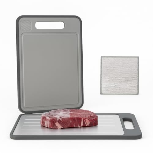 Tabla de Cortar de Cocina 4 en 1 Multifuncional, Superficie de Aluminio para Descongelar Alimentos, Rallador de Ajo y Afilador de Cuchillos Integrado, Antideslizante, sin BPA (1 tabla+1 Bayeta)