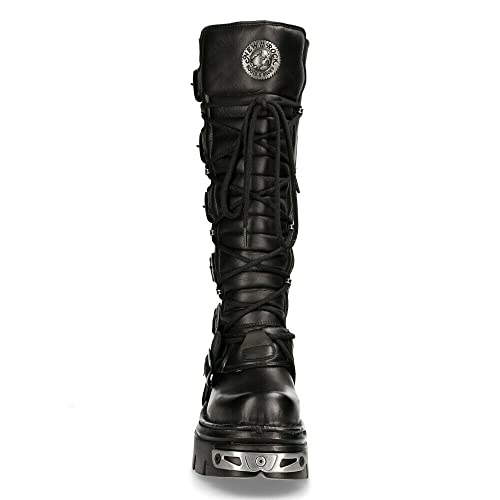 New Rock Men's 272-S1 Metallic Black Leather Gothic Emo Knee High Boots with Lace and Buckle Fastening4