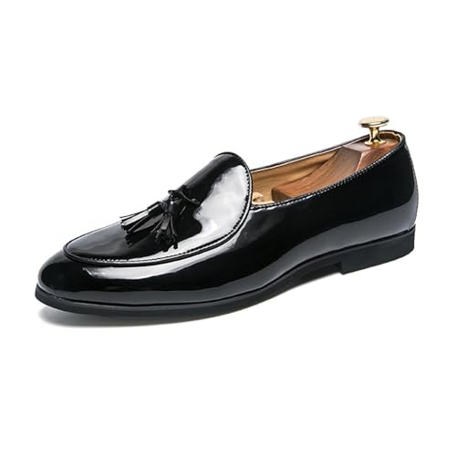 DXSYGMBN Mocassins à Glands Homme Chaussures Habillées en Cuir Verni Slip on Smoking Mariage Soirée Business Formel Oxford Casual Loafers,Noir,45 EU