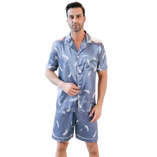ShuiGod Men's Silky Satin Pajama Set Short Sleeve Classic Sleepwear Button Down Loungewear with knickers（blue feather-Xl）
