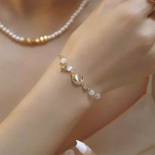 Dainty Planet Moon Star Link Bracelet 18k Gold-Tone Plated Adjustable Chain Sparkling Cubic Zirconia Chic Cat Eye Beaded Delicate Bracelets for Women Party Jewelry Best Gift Birthday Valentine's Day Xmas3