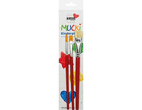 KREUL 553031 - Mucki Kinderpinsel Set für Kindergarten, Schule und Freizeit, elastisch und strapazierfähig, Borstenpinsel flach Größe 16 sowie Synthetics Pinsel rund Größe 8 und Flachpinsel Größe 10