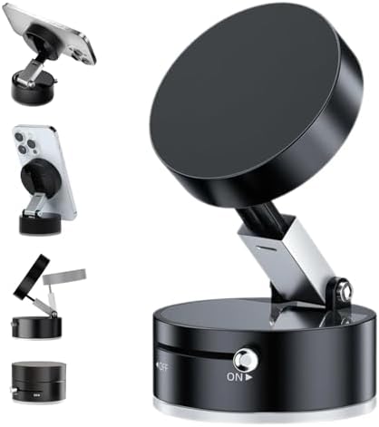 Vacuum Magnetic Suction Cup Phone Holder, Phone Holder for Car, Foldable Portable Vacuum Magnetic Adsorption Adjustable Mobile Phone Holder Compatible with iPhone & Android