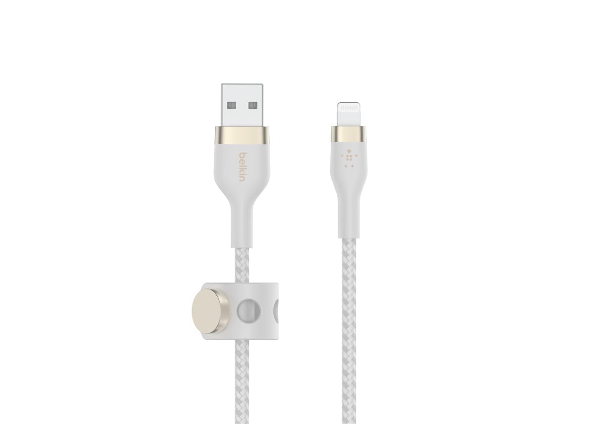 Belkin BoostCharge Pro Flex geflochtenes USB-A/Lightning-Kabel, 2 m, MFi-zertifiziertes Ladekabel für iPhone 14/14 Plus, 13, 12, Pro, Max, mini, SE, iPad und andere Geräte – Weiß