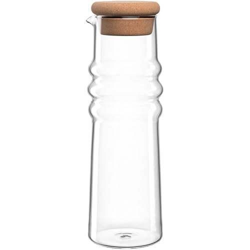 LEONARDO HOME Sole 057171 Lot de 4 carafes en verre avec couvercle en liège Design tactile élégant Avec bec verseur Pour eau et jus Aspect intemporel Hauteur 26,5 cm Transparent