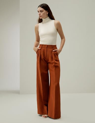 LilySilk Silk-Linen Blend Trousers for Women Silk Pants Wide Leg Front-Pleated Side Pockets Work2