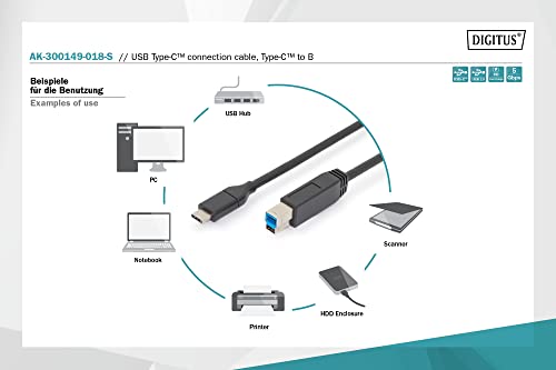 DIGITUS USB 3.2 Gen1 cable - 1.8 m - USB-C to Type-B - 5 Gbps - for printers scanners, hard drive enclosures, hubs - black - Image 4