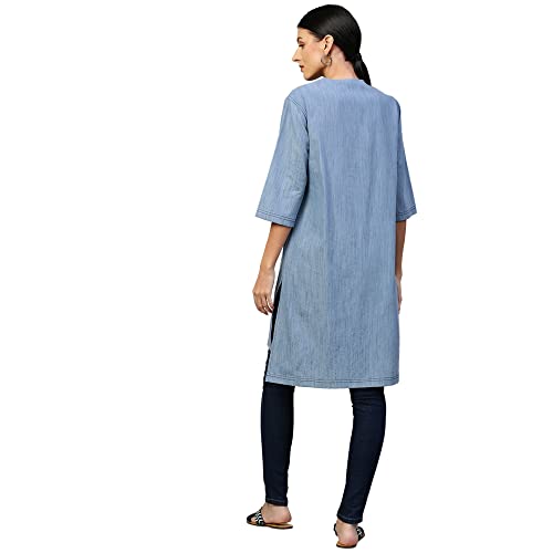 Image of Chemistry Women's Blue Cotton Ice Wash Denim Embroidered Yoke Kurta | Premium 100% Cotton Fabric | Trendy and Stylish | Intricate Embroidery Details | Regular Fit and Versatile | Elevate Your Ethnic Wardrobe