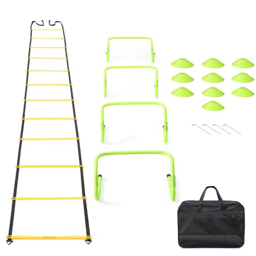 Navaris Agility Ladder Set with Hurdles - Complete Kit - 4 Adjustable Height Hurdles - Indoor or Outdoor Speed Agility Training - 10 Disc Cones - Yellow - Image 7