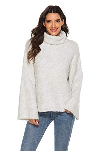 SUNJIN ACRO Women's Popcorn Soft Flare Long Sleeve Turtleneck Pullover Knit Sweater(Grey,M/8)