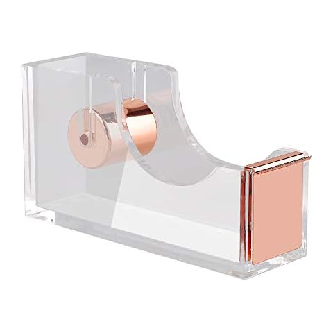 KIDMEN Office Tape Dispenser,Transparent Acrylic Tape Dispenser-Rose Gold Cover