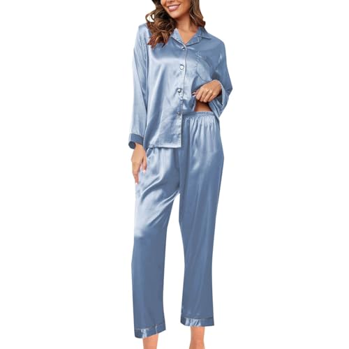 Generisch Pijama de satén para mujer con tira de botones, manga larga, juego de pijama de dos piezas, ropa de dormir clásica, cuello en V, dos piezas, suave seda, azul, XL