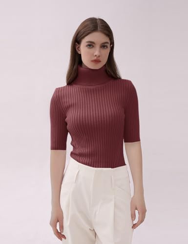 Image of v28 Women Turtleneck 1 /2 Half Sleeve Highly Stretchy Ribbed Knit Fitted Sweater