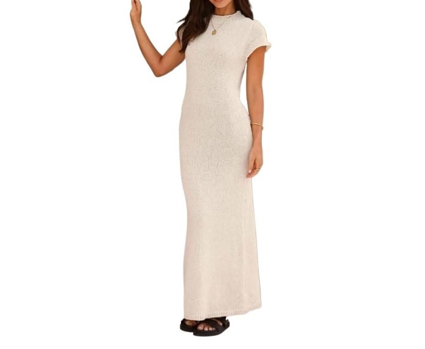 HENGEN Long Skirt Short Sleeved Knitted Round Neck Versatile Solid Color 2025 Temperament Fashionable Dress