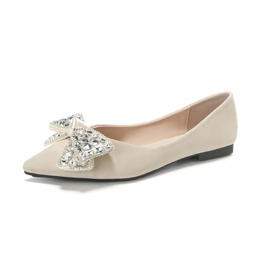 Women's Suede Bow Rhinestones Flats Fashion Shallow Mouth Closed Pointed Toe Comfortable Slip On Soft Sole Dress Low Heel Shoes for Business Party Shoes