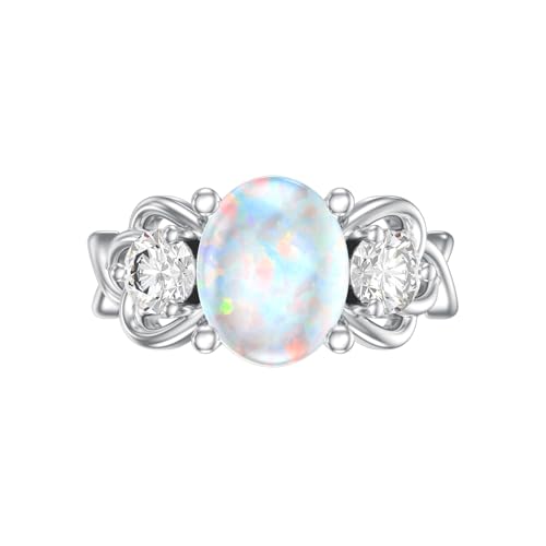 Image of 0.3 Carat Moissanite and White Opal /Blue Opal /Black Opal Engagement Ring 925 Sterling Silver 8-9 MM Heart /Round /Oval Cut Opal Moissanite Ring for Women Size 5-13