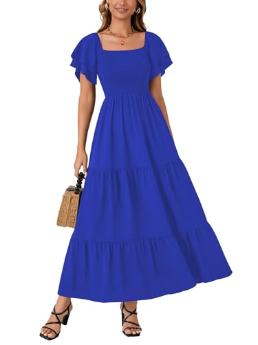 Image of LYANER Women's Square Neck Midi Dress | Summer Ruffle Short Sleeve Smocked Tiered Ruched Flowy A Line Party Casual Dresses