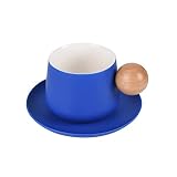 Koythin Ceramic Coffee Mug with Saucer Set, Cute Creative Cup with Round Wooden Handle Design for Of
