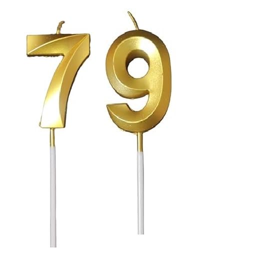 Image of ToyUniverse Number 79 Gold Candle | Seventy Nine Number Candle | Number 79 Metallic Gold Candle for Seventy Ninth Birthday,Anniversary, Surprise Party Cake Decoration Candle (Pack of 2,Number 79)