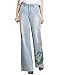 Produktbild Huixin Damen Breit Schlaghosen Vintage Vordertaschen Freizeithose Gedruckt Flower Button Breites Elegant Bein Hosen Trousers (Color : Blau, Size : 32:W80cm)