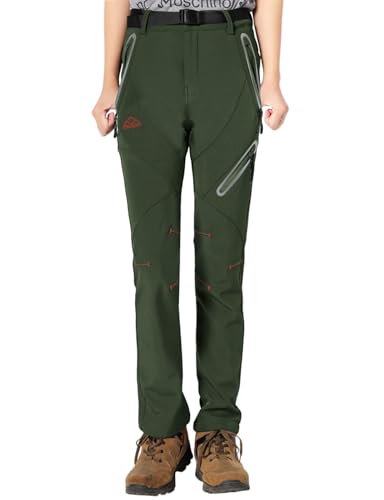 Rdruko Softshellhose Damen Winter Skihose Wasserdicht Thermohose Gefüttert Warm Winterhos Outdoorhose Wanderhose Trekkinghose mit Taschen (Rein Olivgrün, M)